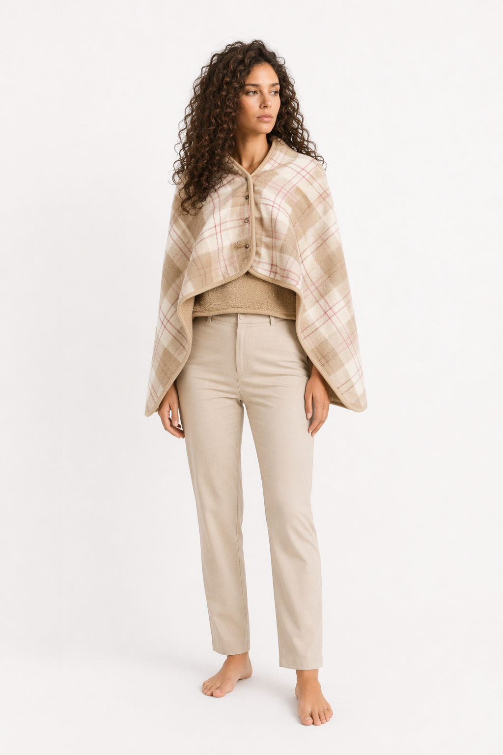 Double Layered Checkered Blanket with Versatile Functions Khaki