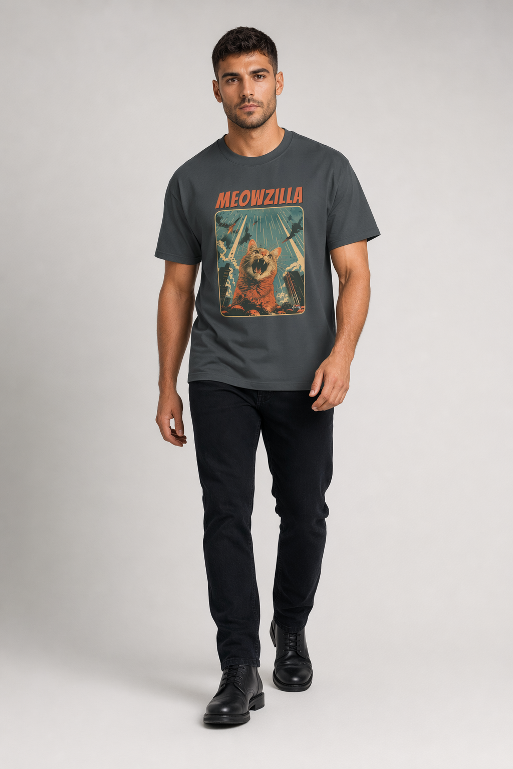 Meowzilla Retro Graphic Tee Smoke Grey