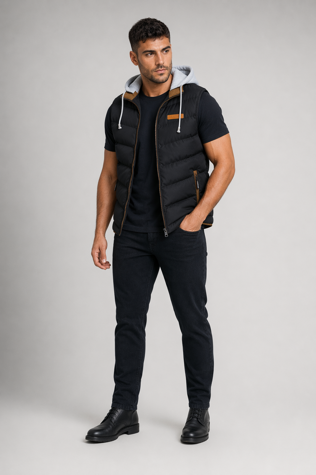 Black Removable Hooded Puffer Vest for Men's Winter Wear Default