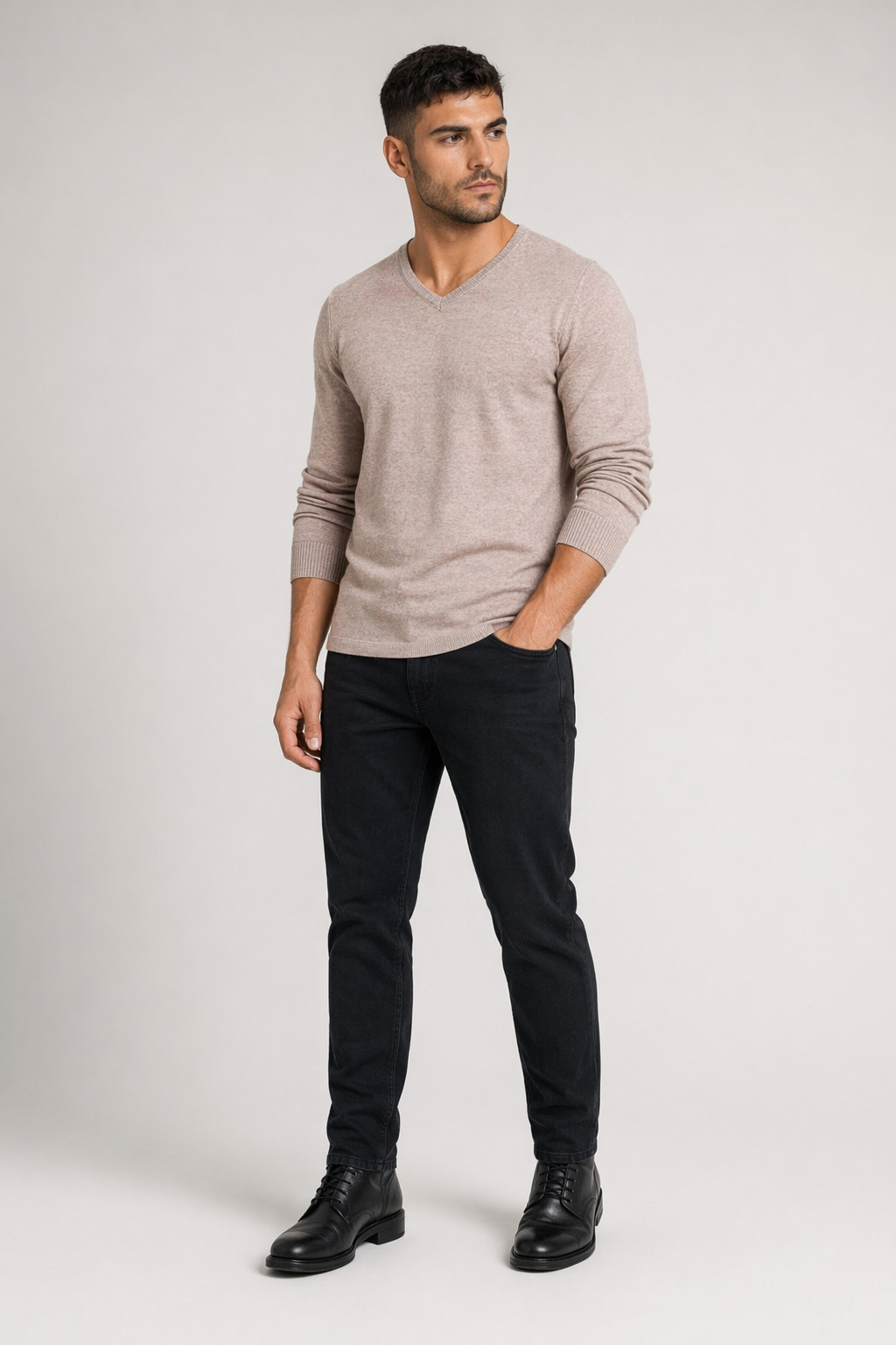 Knitted Top for Men with a V Neck Khaki