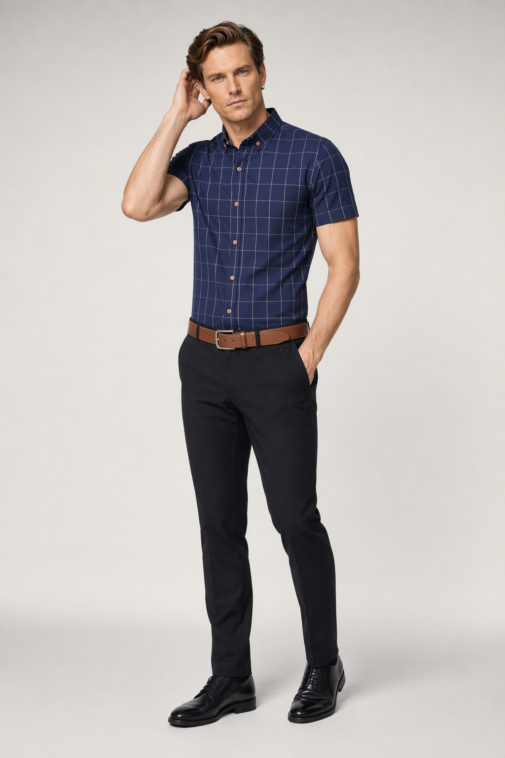 Navy Checkered Short Sleeve Button-Up Shirt for Men Default
