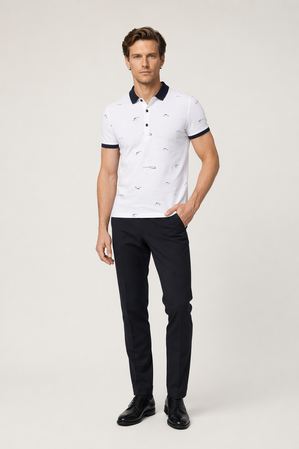 Printed Two-Toned Polo Shirt for Men White