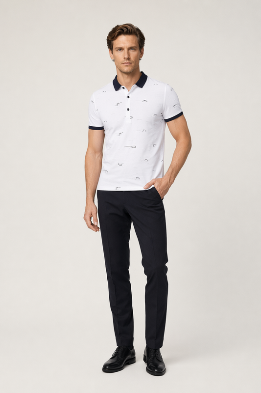 Printed Two-Toned Polo Shirt for Men White