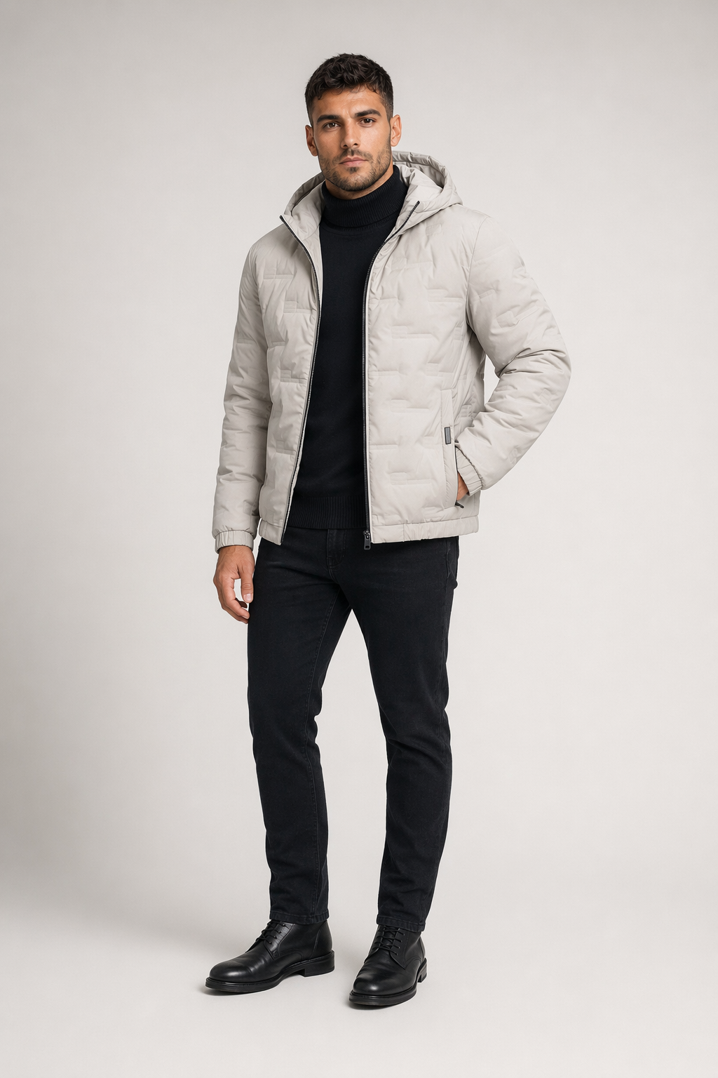 Hooded Puffer Jacket for Men with Zipper Closure Light Gray