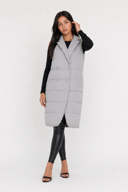 Long Double Breasted Winter Vest for Women Gray