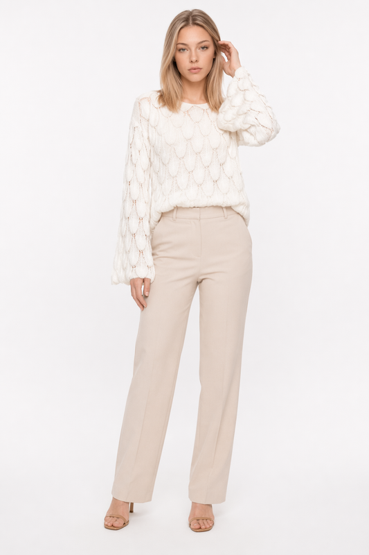 Open Knit Bell Sleeve Blouse for Women White