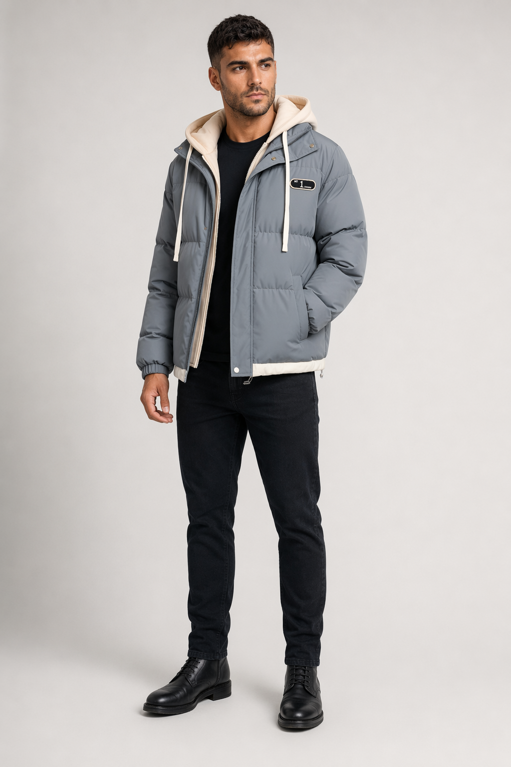 Layered Appearance Men's Hooded Puffer Jacket Gray