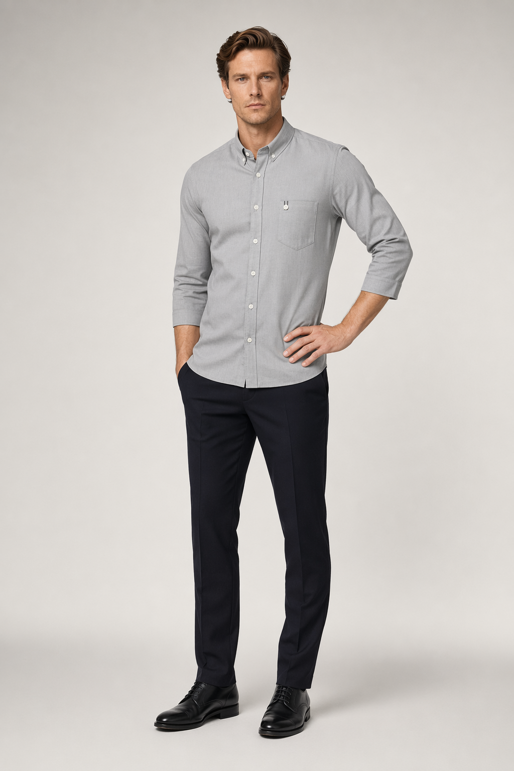 Slim Fit Button-Up Shirt with Three-Quarter Sleeves for Men Gray