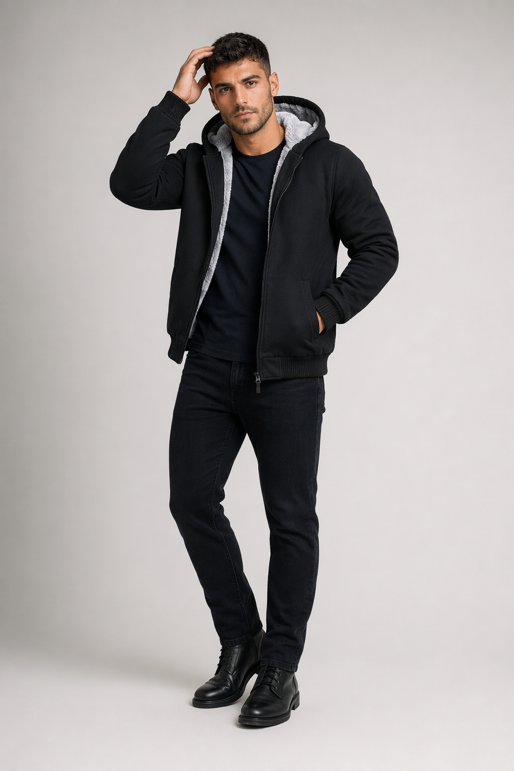 Winter-Lined Men's Zippered Hoodie Black