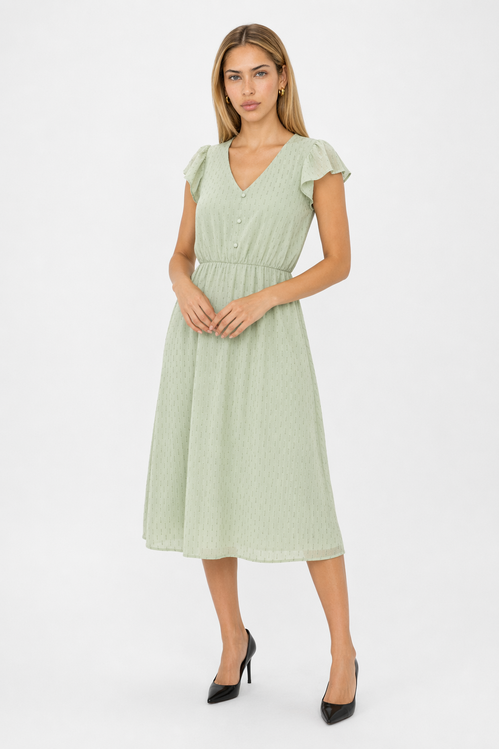 Ruffled Sleeve Summer Dress for Women with V-Neck Green