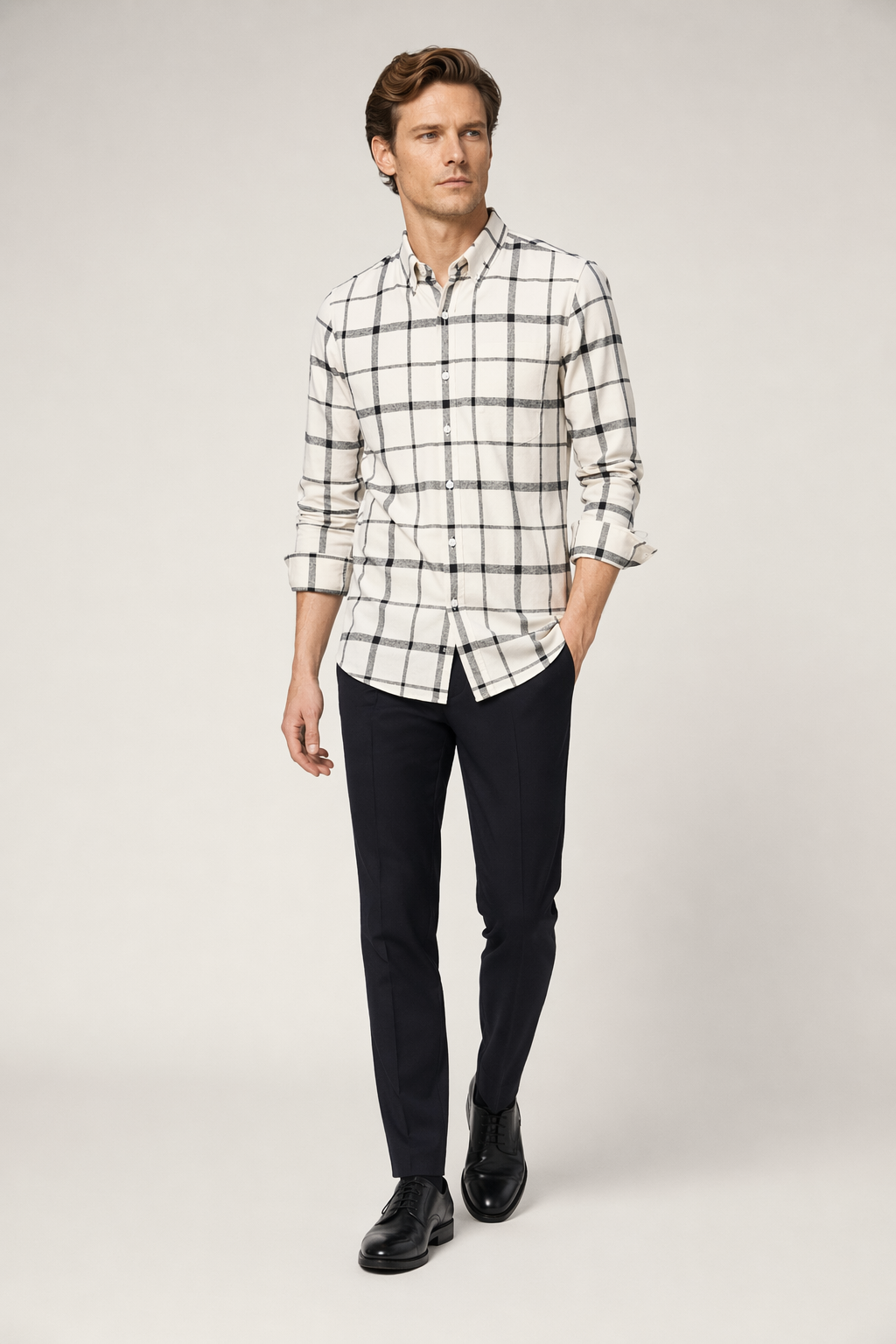 Checkered Beige Cotton Shirt with Long Sleeves for Men Default