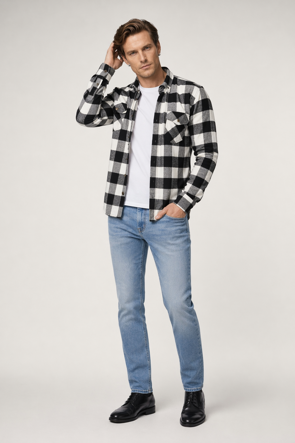 Long Sleeve Checkered Shirt with Dual Pockets for Men White