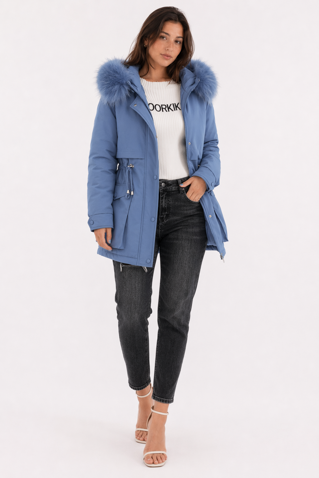 Faux Fur Hooded Women's Jacket with Adjustable Waist Tie Blue