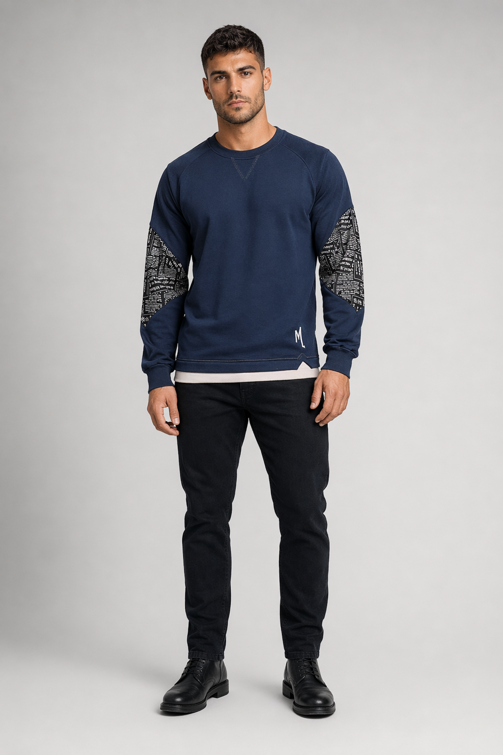 Layered Look Men's Sweatshirt with Elbow Prints Navy