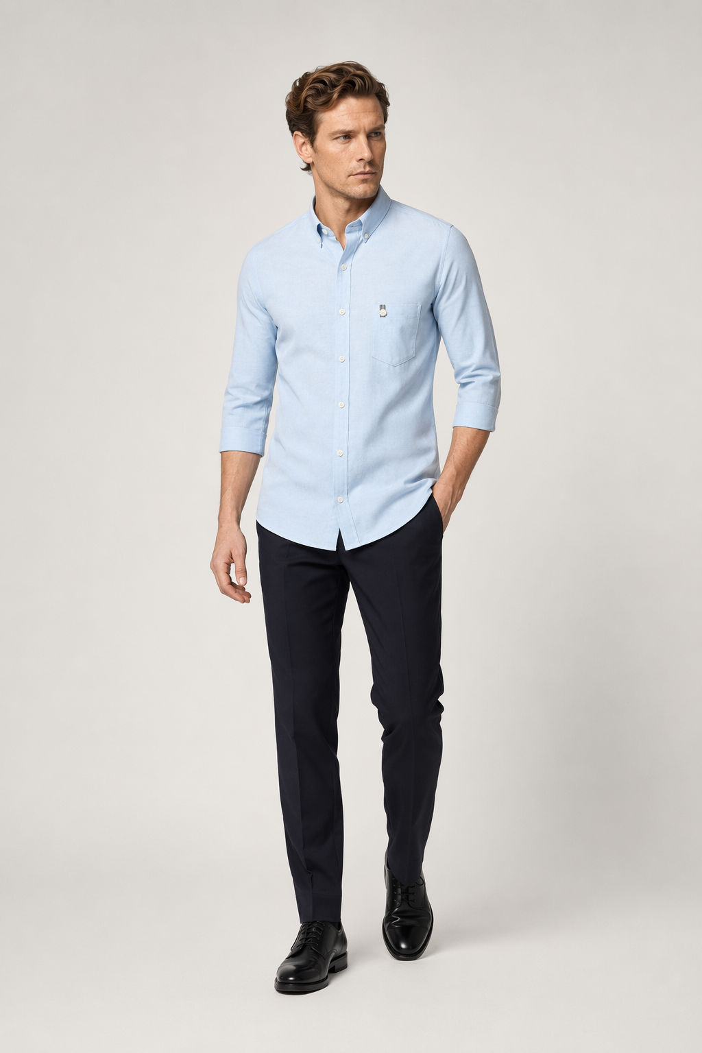 Slim Fit Button-Up Shirt with Three-Quarter Sleeves for Men Blue
