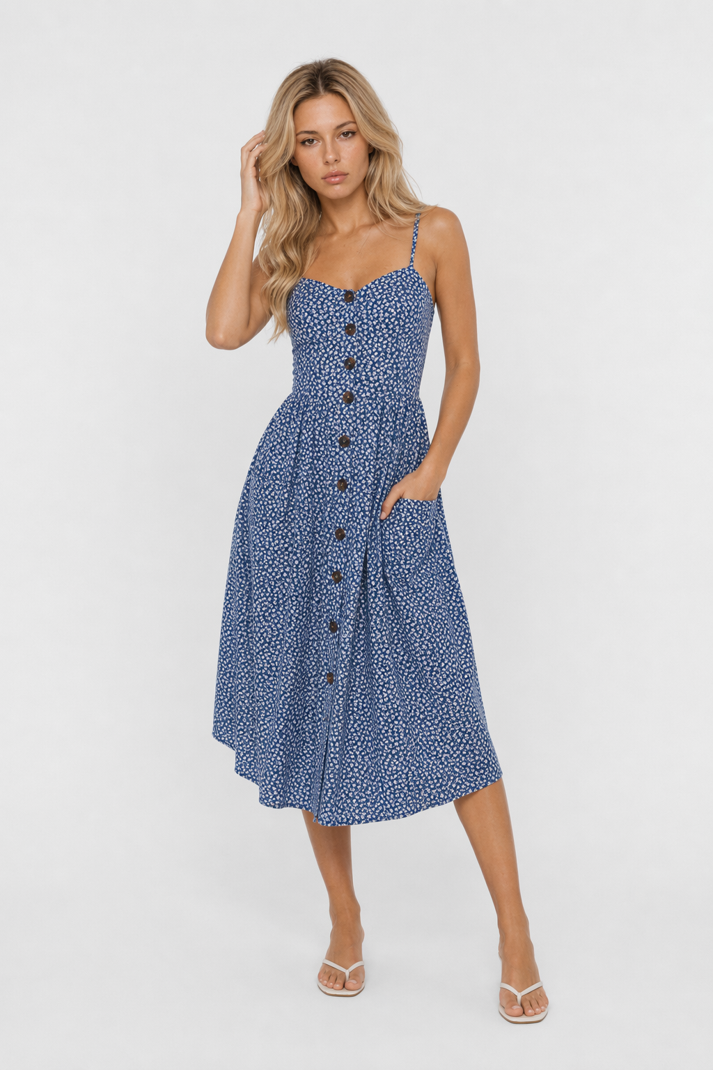 Button-Front Dress with Shoulder Straps Blue