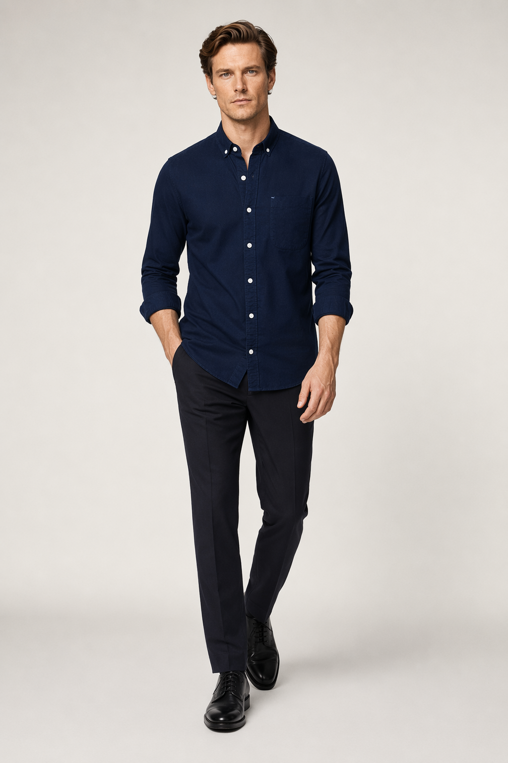 Long Sleeve Men's Button-Up Shirt: Retaining the Essence while Distinguishing from the Original NAVY