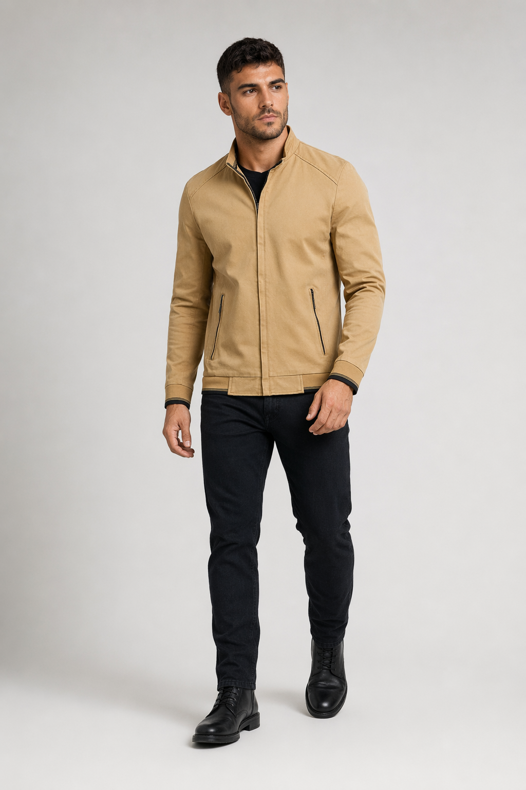 Short Casual Men's Zippered Jacket Khaki