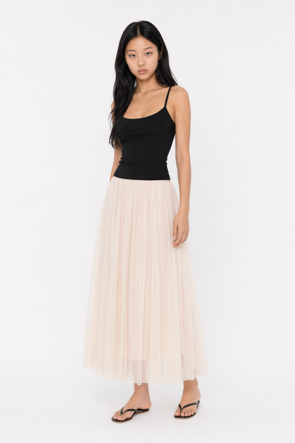 Summer Long Skirt with Elastic Waistband and 3 Layers Beige
