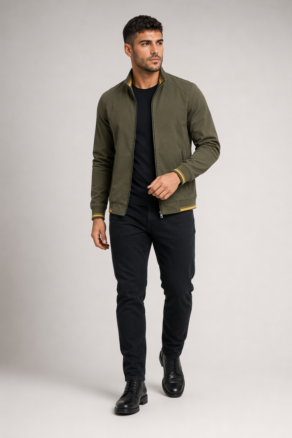 Short Casual Men's Zippered Jacket Army Green