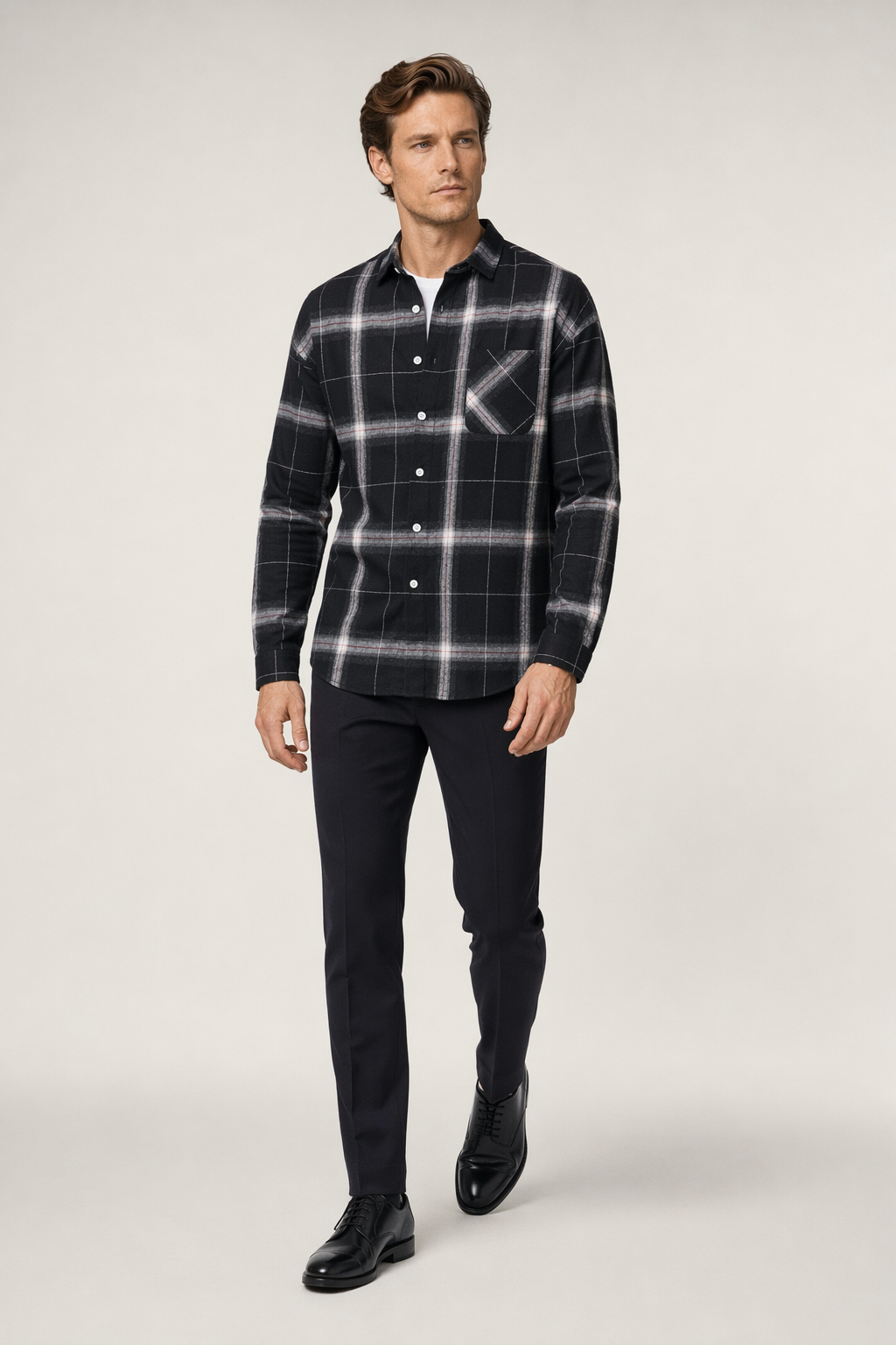Casual Plaid Button-Front Shirt for Men in Black Default