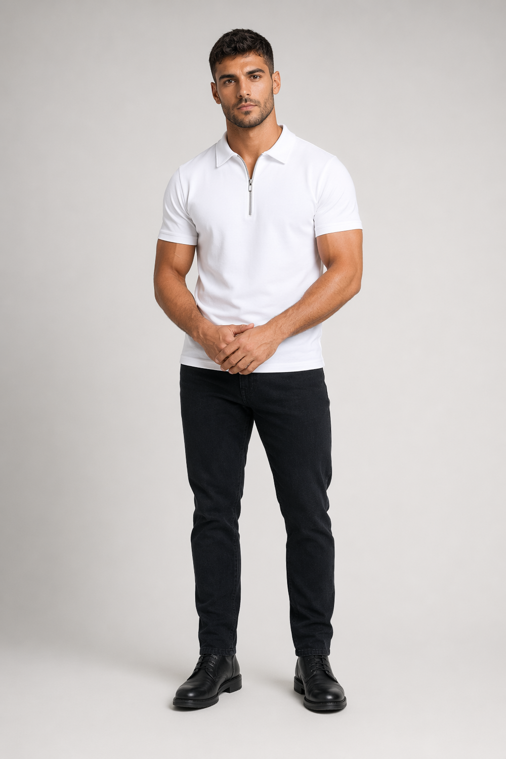 Zipper Polo Shirt for Men with Short Sleeves White