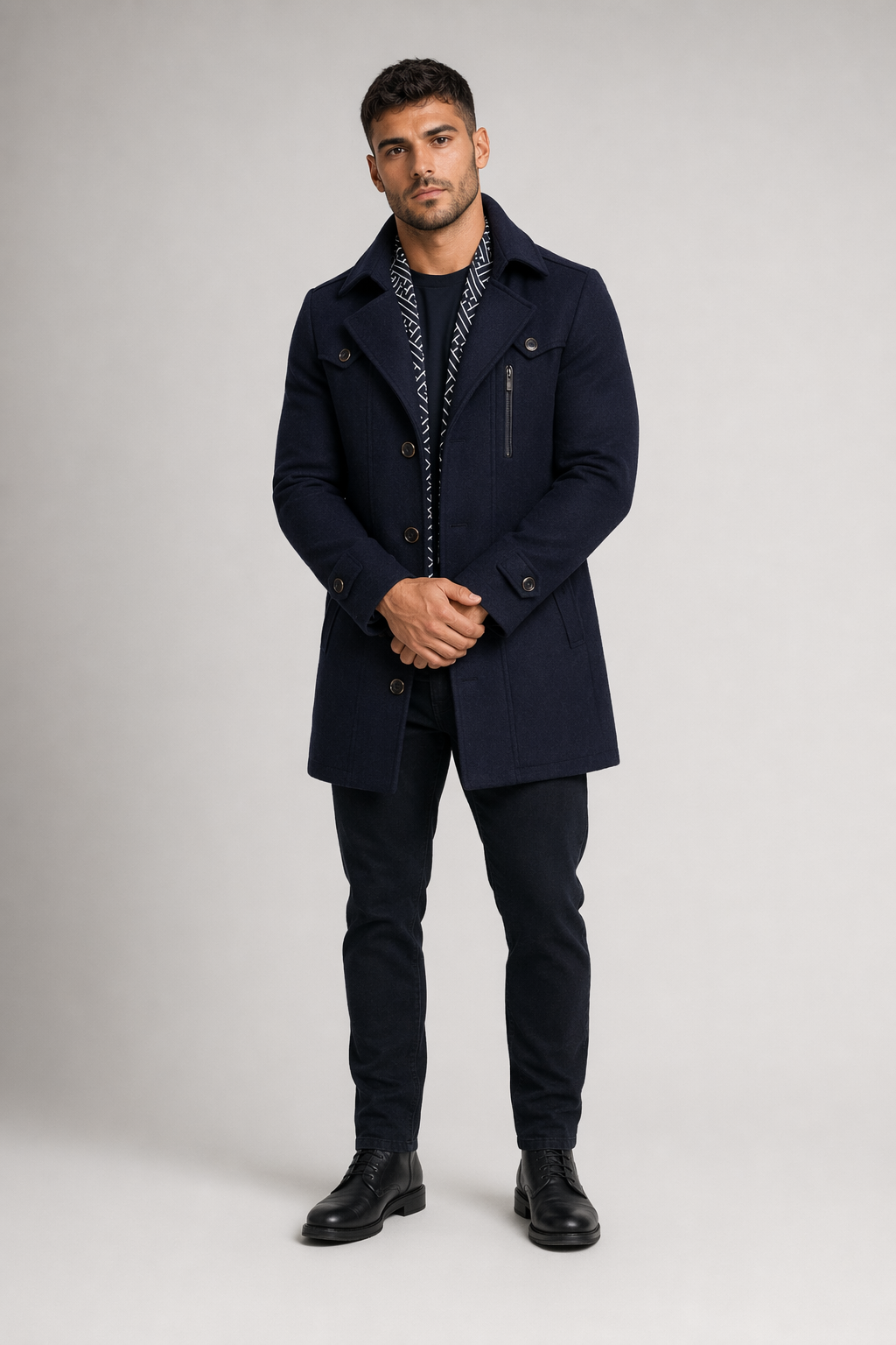 Layered Collar Mid Length Button Front Coat for Men Navy