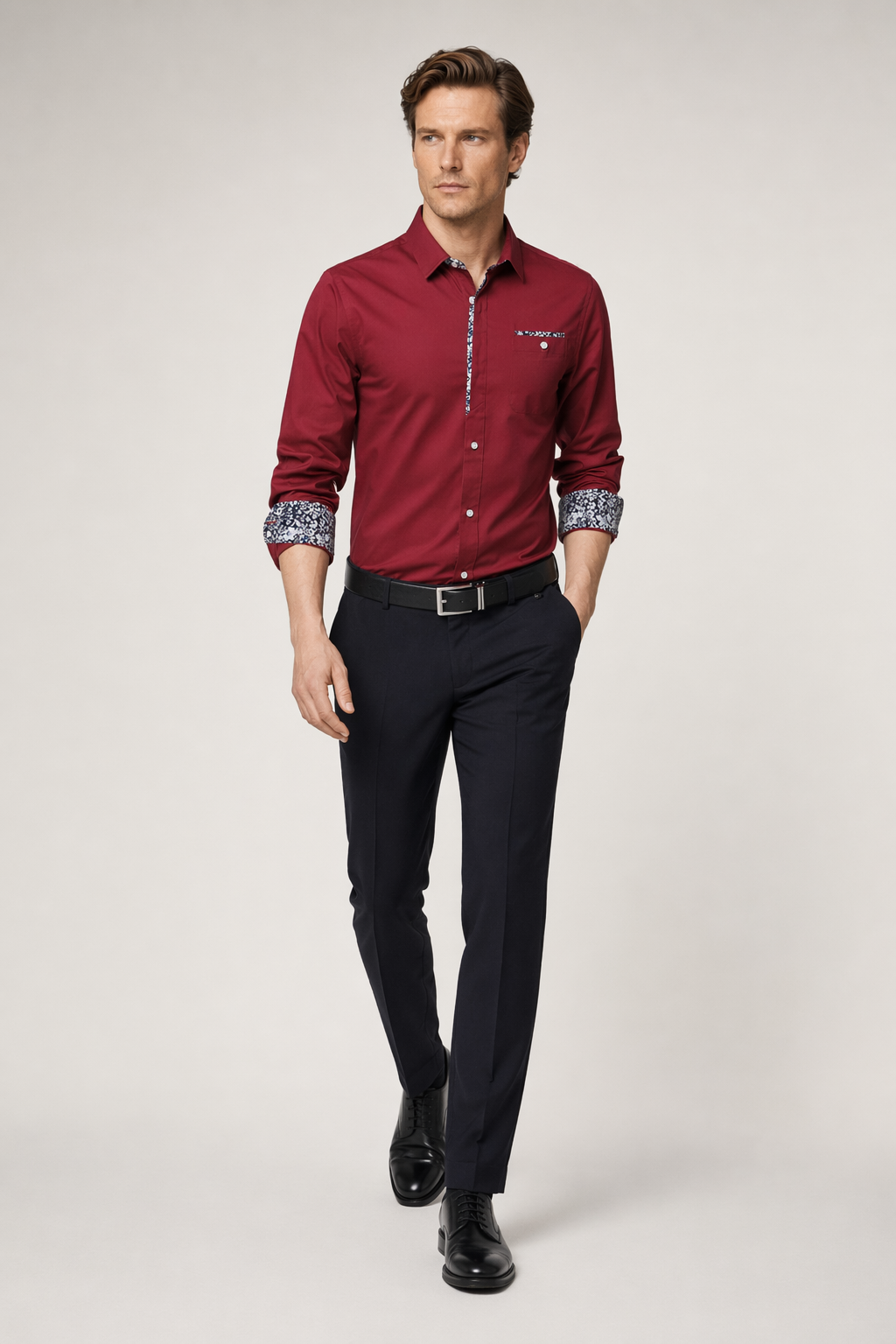Long Sleeve Floral Button-Up Shirt for Men Red