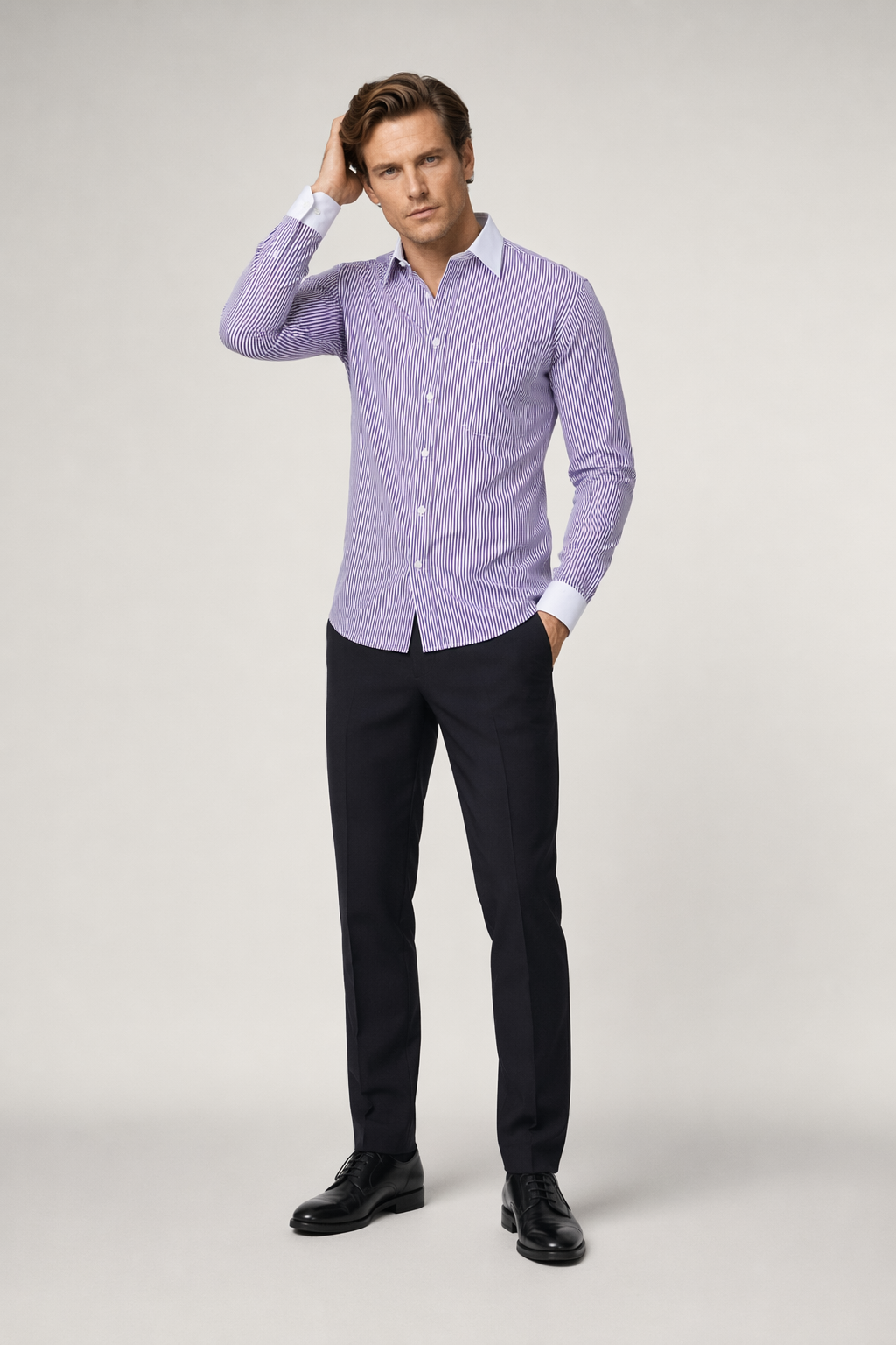 Contrast Cuff Pinstripe Men's Shirt Purple
