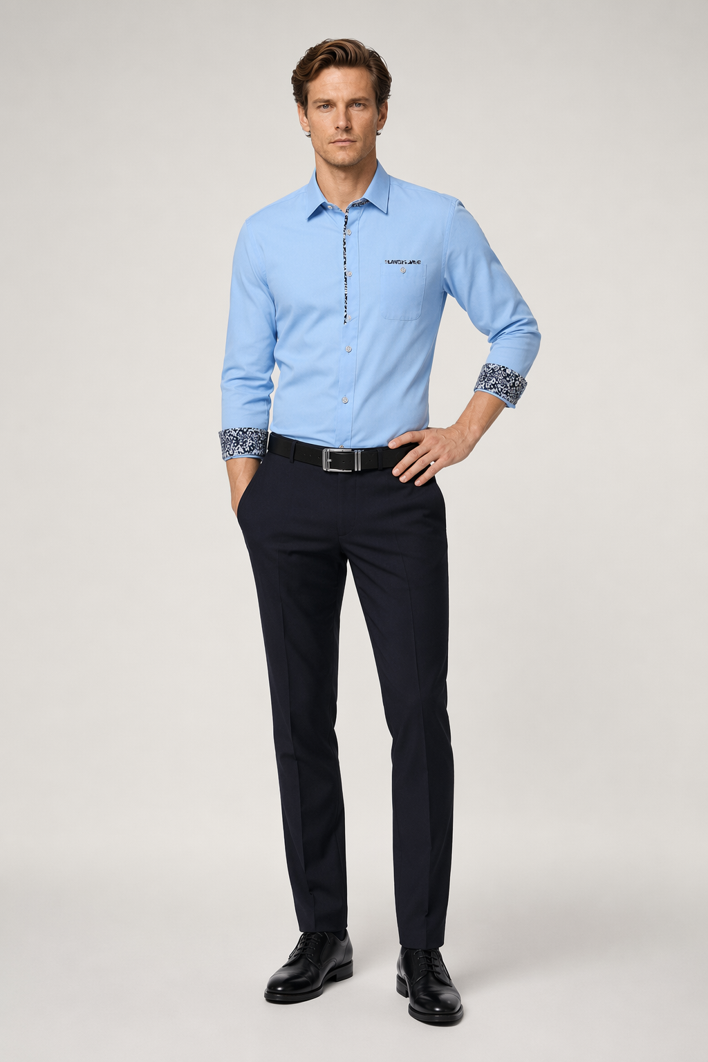 Long Sleeve Floral Button-Up Shirt for Men Blue
