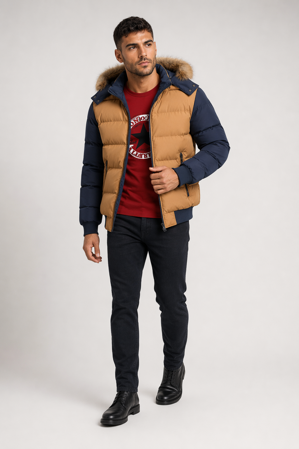 Removable Hooded Men's Two-Toned Quilted Jacket Khaki
