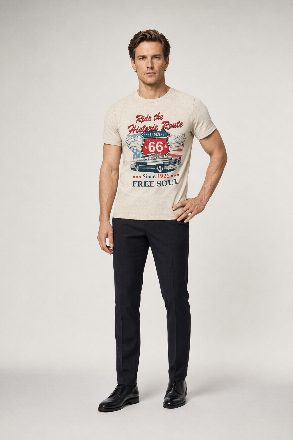 Logo Route 66 Print Men's Tee Off White