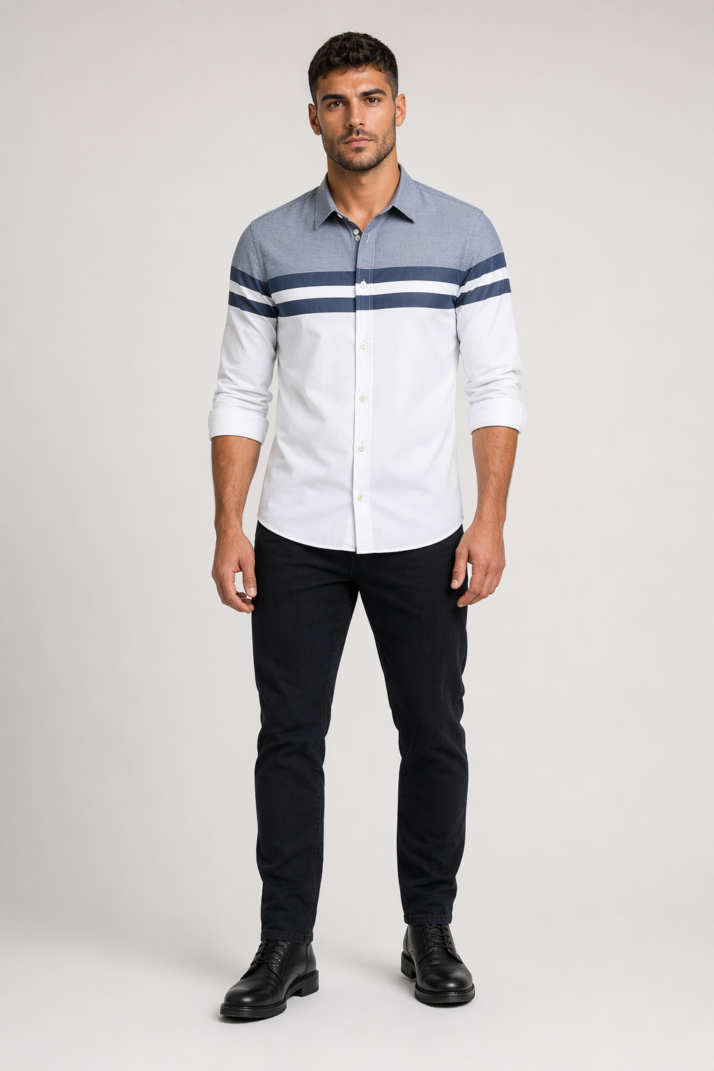 Color-Blocked Men's Button-Up Shirt: A Revised Title White