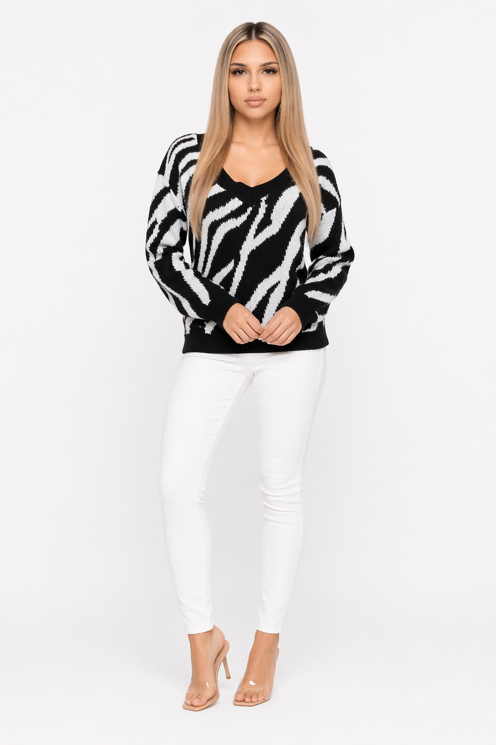 Zebra Patterned Round Neck Women's Sweater Default