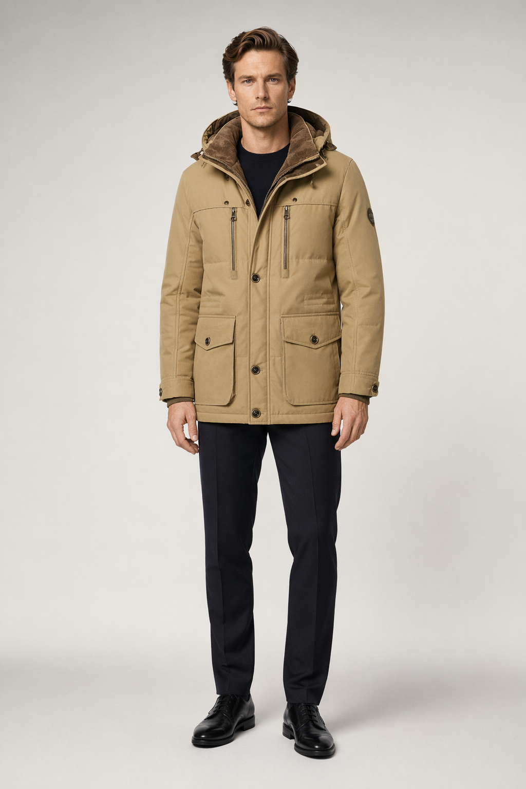 Hooded Winter Parka Coat for Men with Inner Fleece Khaki