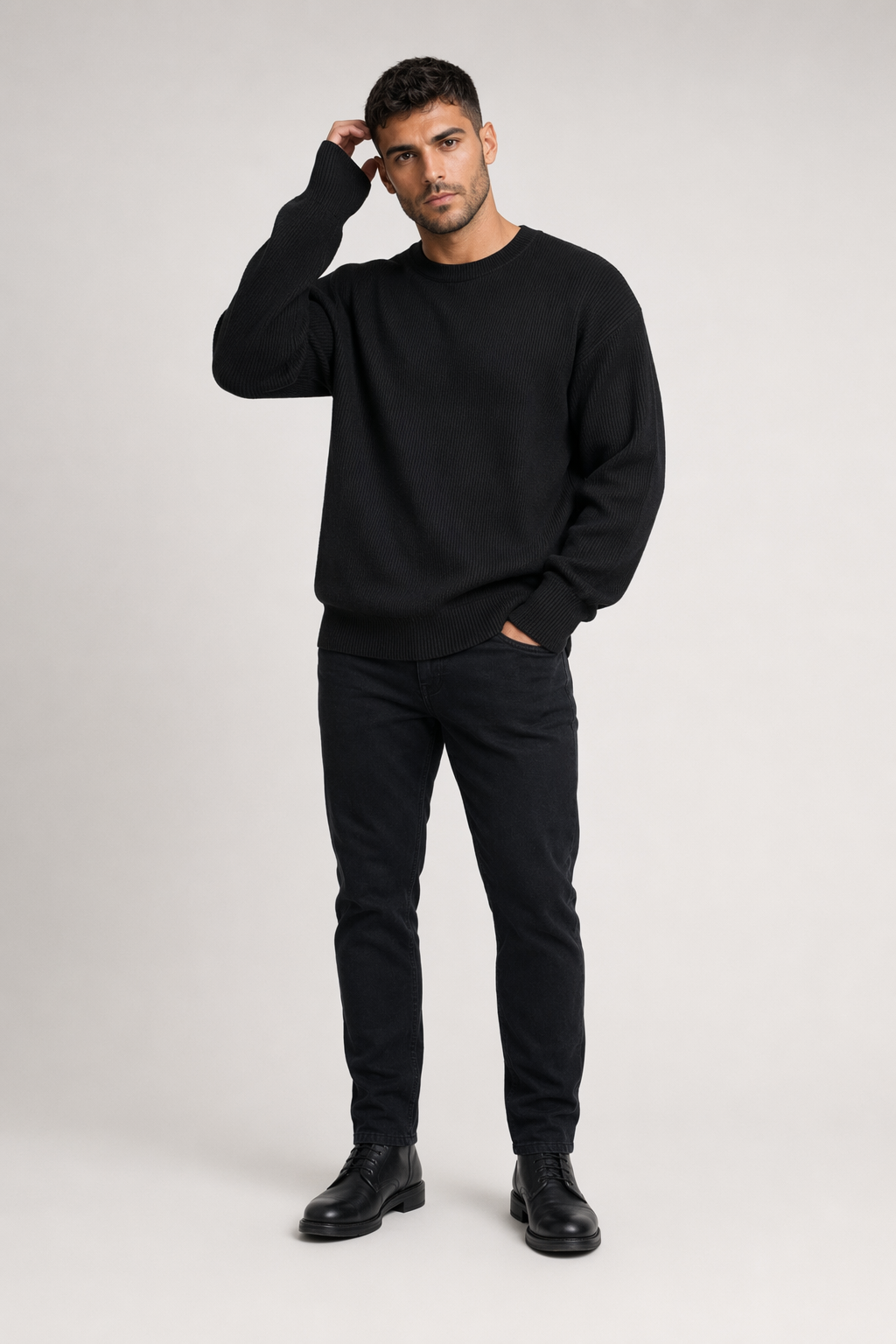 Loose-Fitting Crew Neck Sweater with a KPOP Vibe for Men Black