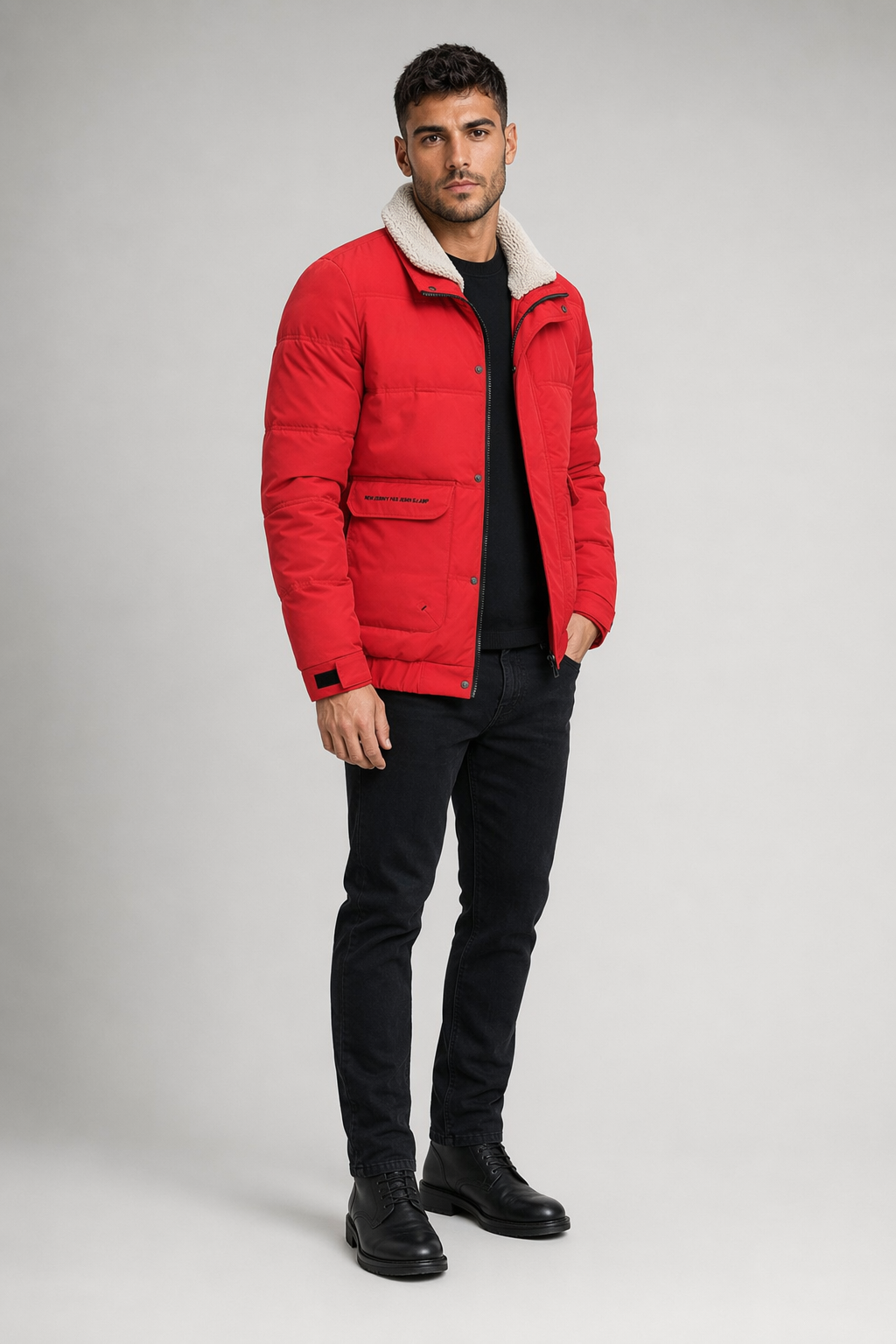 Faux Fur Collared Zip-Up Jacket for Men - Ensuring Warmth and Style Red