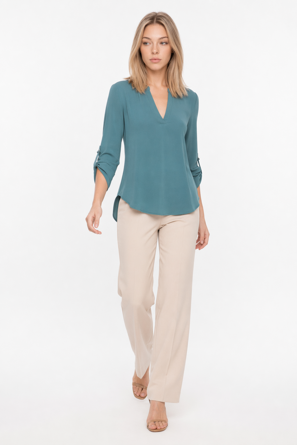 Quarter Sleeve Women's Top with a V Neckline Teal