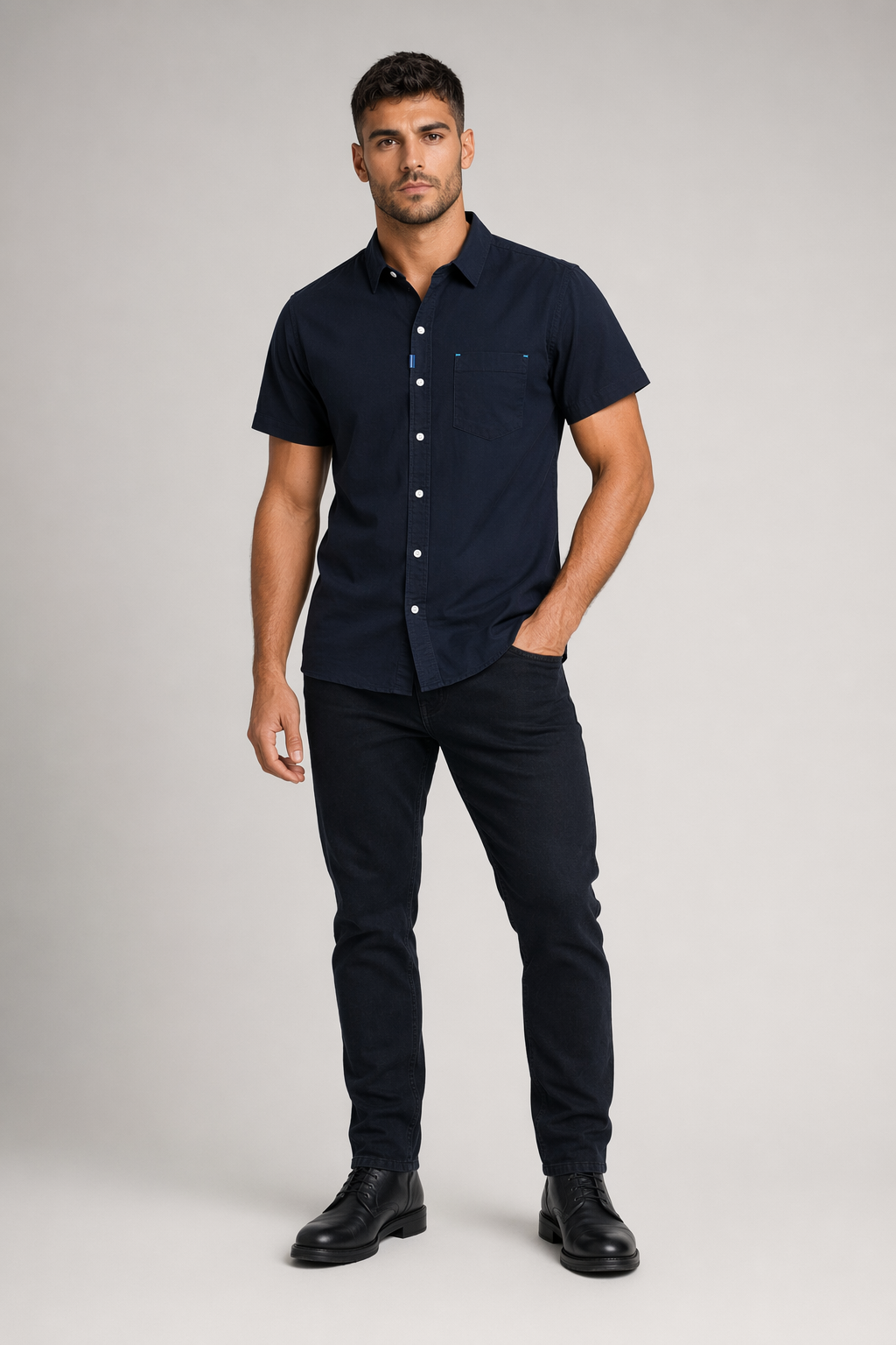 Short Sleeve Men's Button-Up Shirt Title Revision Navy