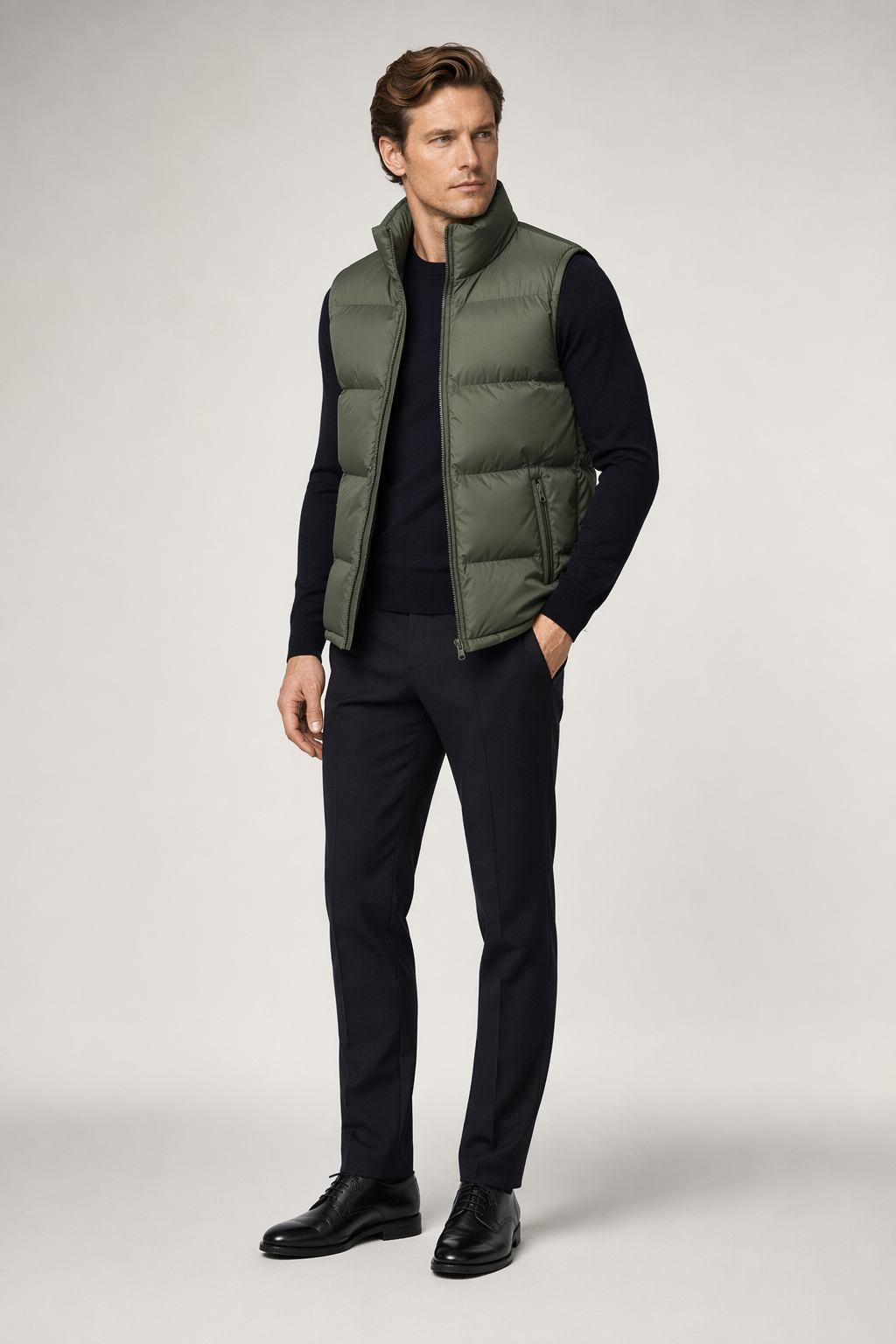Army Green Winter Puffer Vest with Zip-Up Design for Men Default