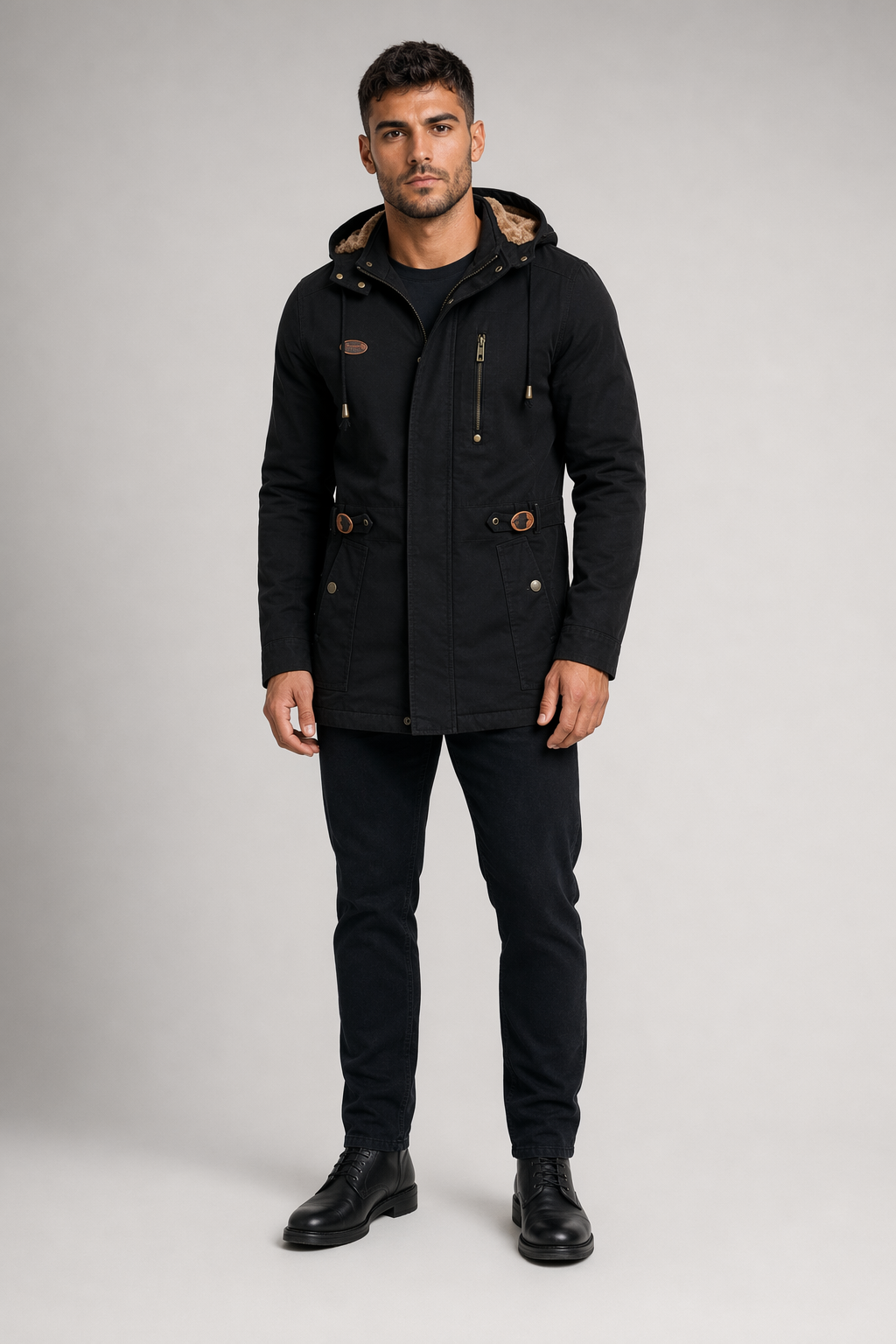 Hooded Trench Coat with Military Style for Men Black
