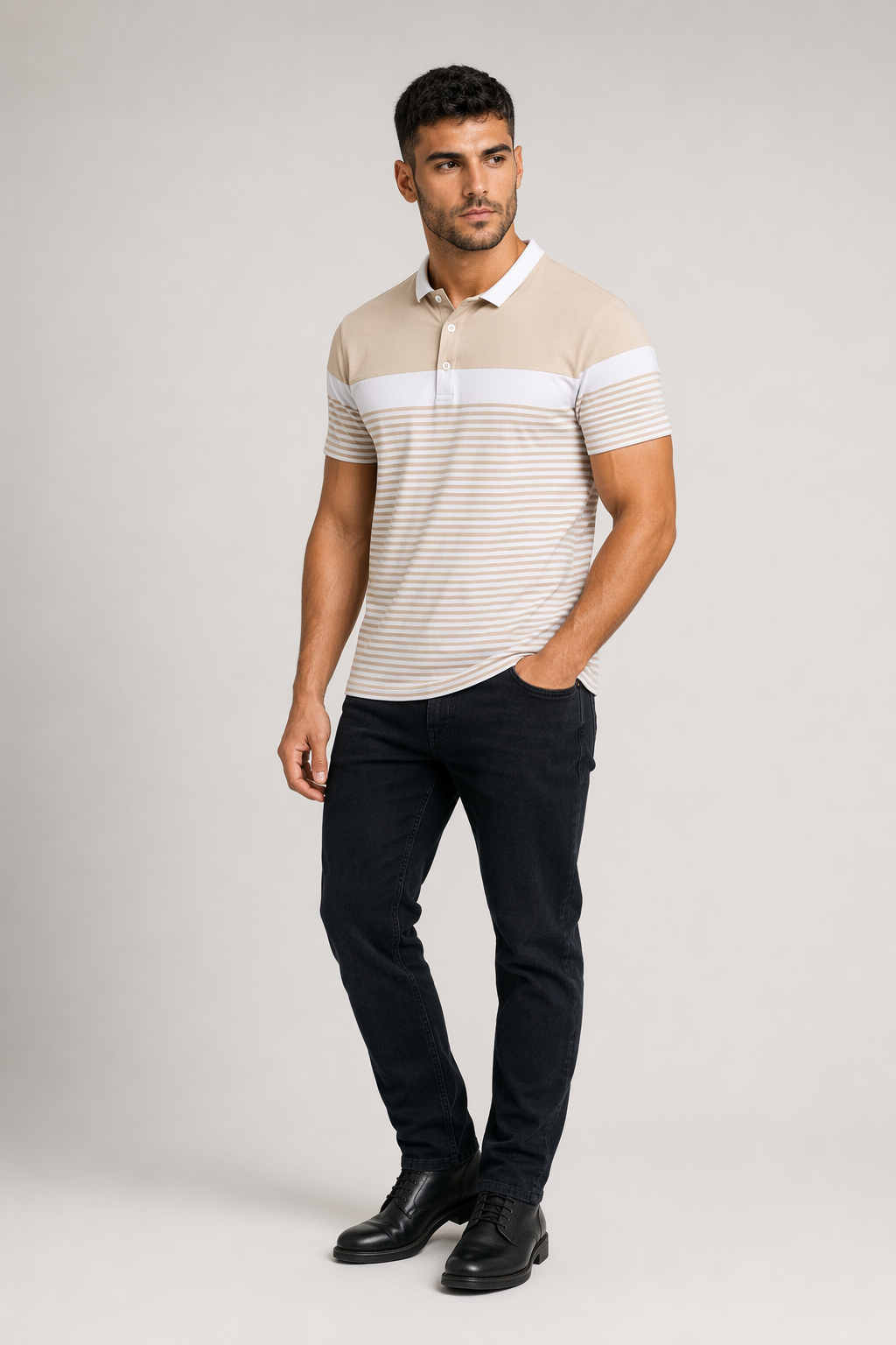 Striped Polo Shirt for Men with Short Sleeves Beige