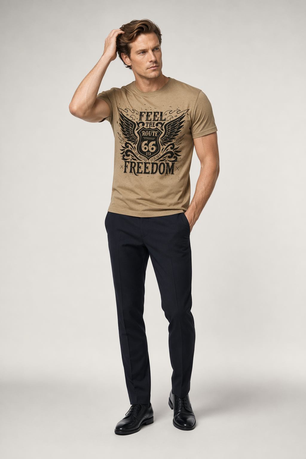 Logo Route 66 Print Men's Tee Khaki