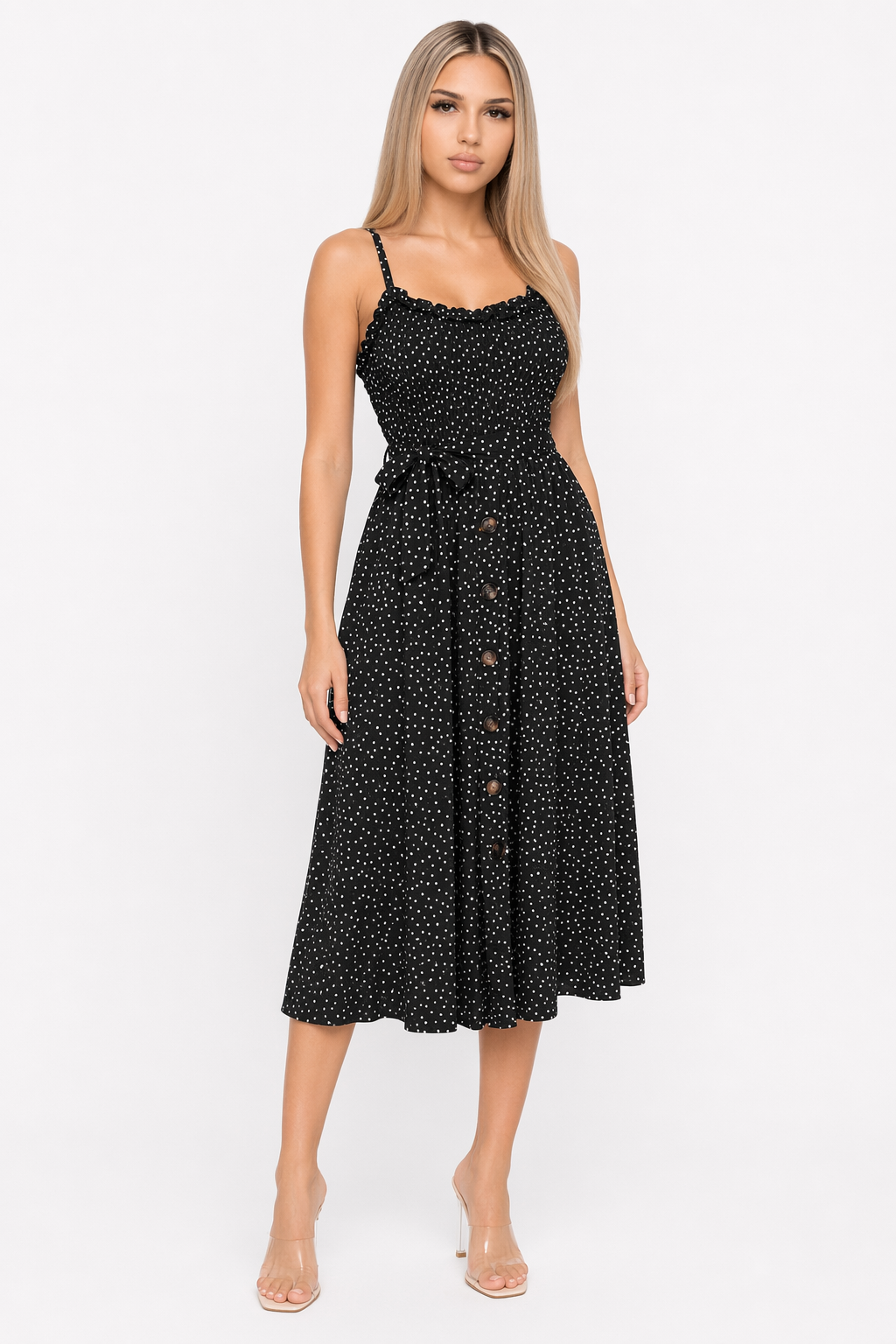 Polka Dot Maxi Dress for Women with Spaghetti Straps Black