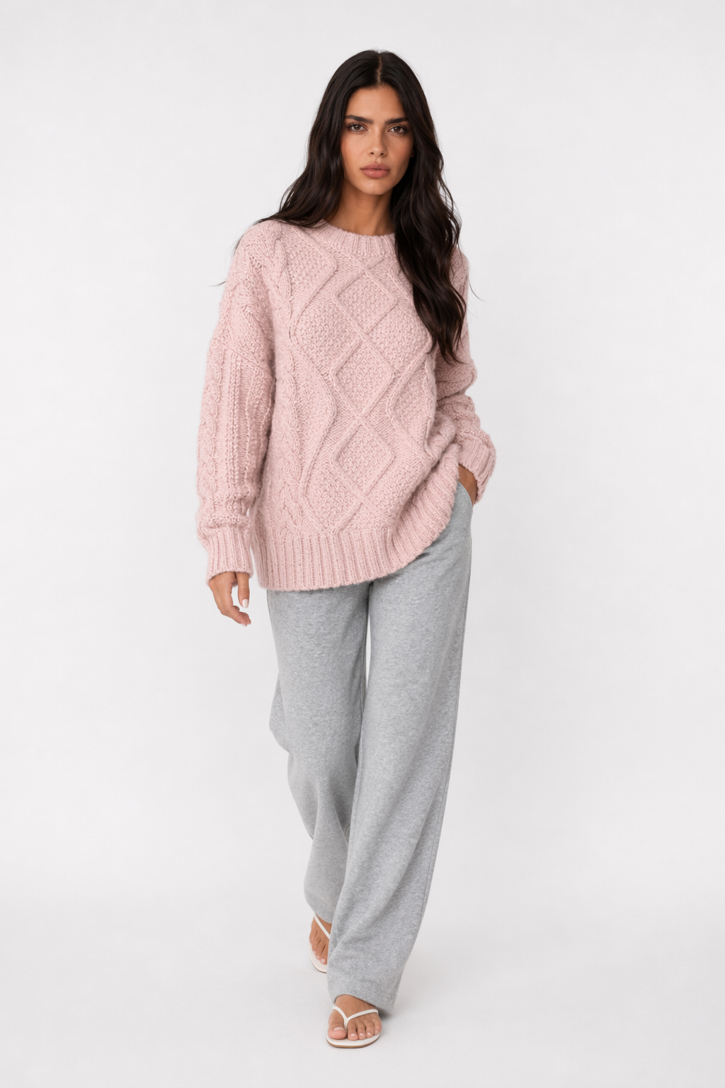 Cable Knit Batwing Sweater for Women Pink