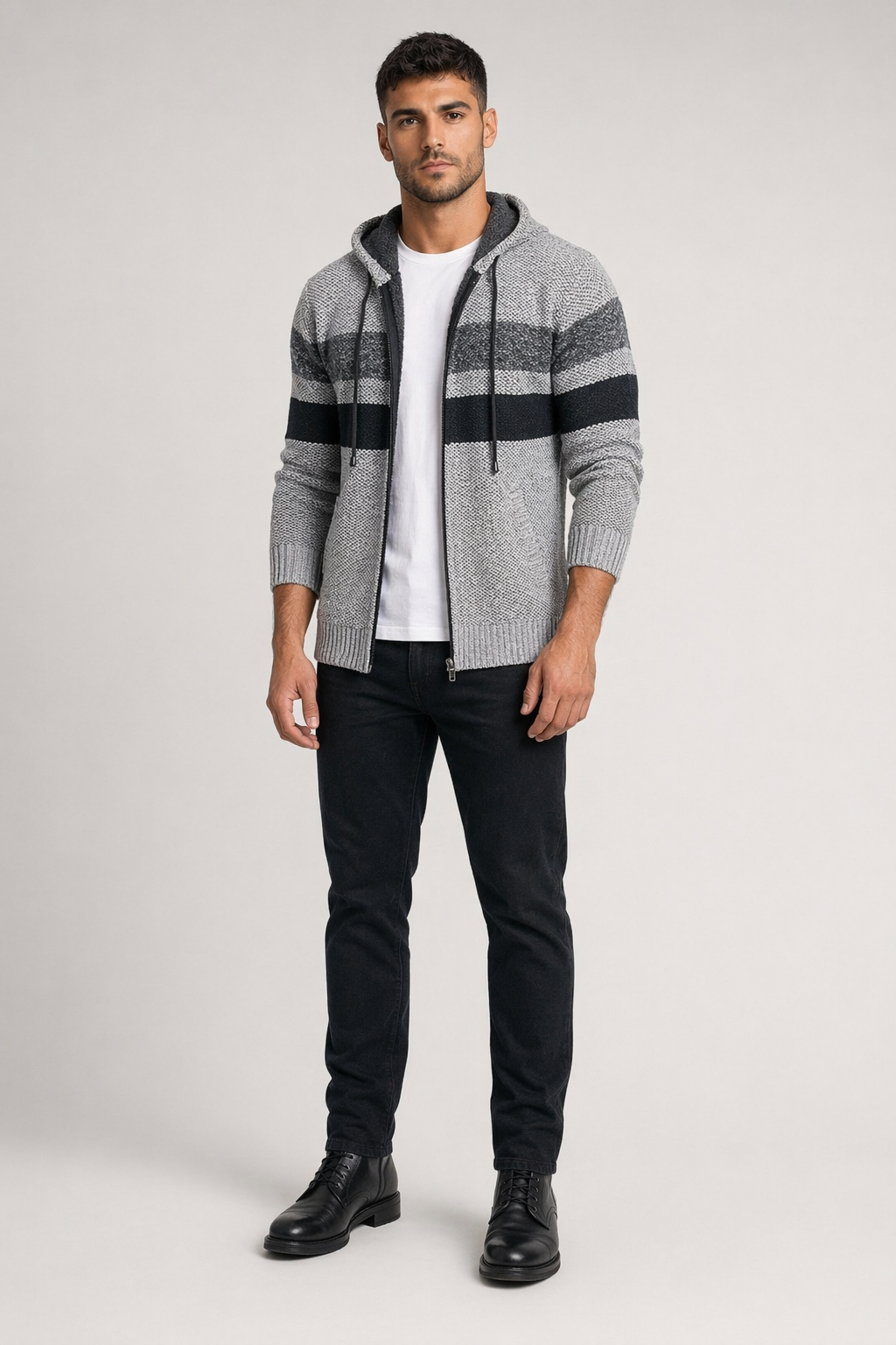 Hooded Men's Striped Knitted Sweater Light Gray
