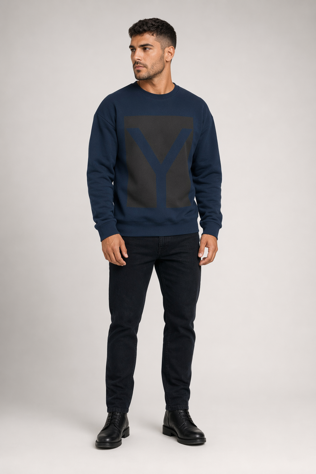 Men's Crewneck Sweatshirt with Y Logo Design Navy