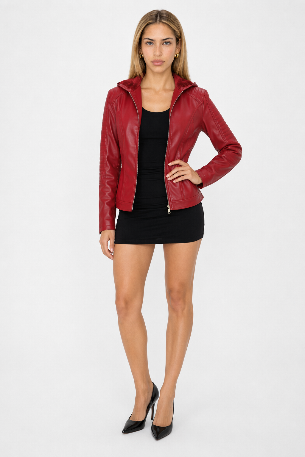 Faux Leather Hooded Jacket with Plush Interior Red