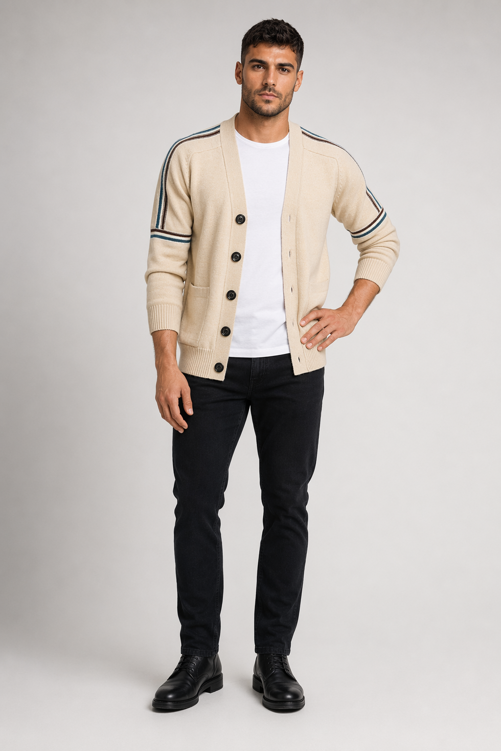 Colorful Striped Men's Cardigan Beige