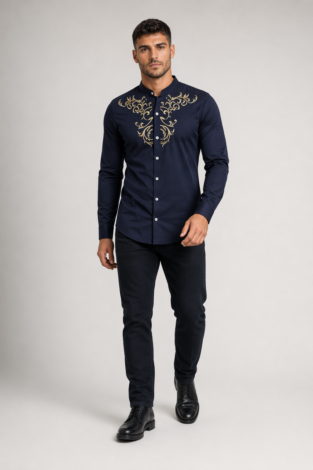 Slim Fit Men's Floral Embroidered Button Down Shirt Navy